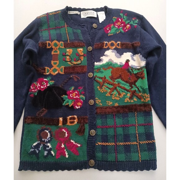 VTG Equestrian Hand Embroidered Cotton Knit Cardigan Navy Sz S/P - Picture 2 of 10